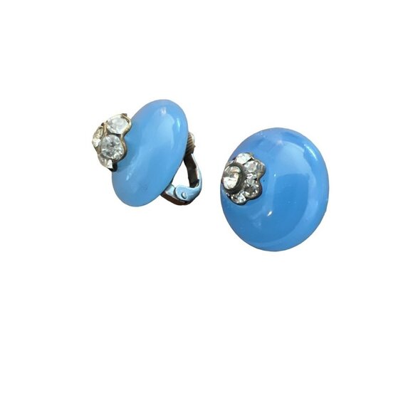 Vintage Clip-on Earrings Rhinestones Blue Chaldecony Stone Made France Antique - Picture 5 of 10